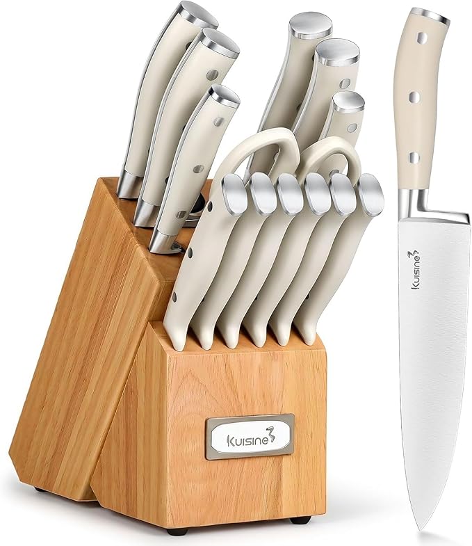 Kuisine Premium Chef Knife Set,High Carbon Stainless Steel Razor-Sharp Blade Ergonomic Handle,Knife Block Set with Built-in Sharpener,Elegant Gift for Holiday(Ivory Pro Acacia,15PCS)
