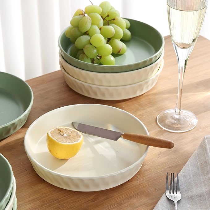 Dinner Plates Set of 4, 8 Inch Ceramic Salad Plates With High Rim for Pasta, Salad, Steak and Main Course, Microwave, Oven and Dishwasher Safe - Green