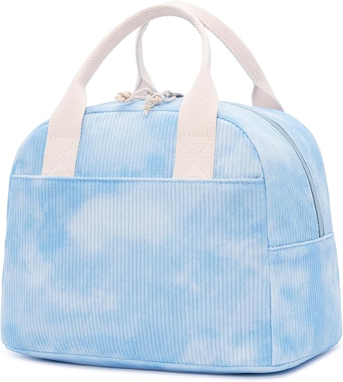 LOVELYWIND Insulated Sky Blue Lunch Bag for Women, Stylish Corduroy Tote with Aluminum Lining, Large Capacity Reusable Cooler for Work, Travel, or Beach, Beige Cream Water-Resistant Lunch Box