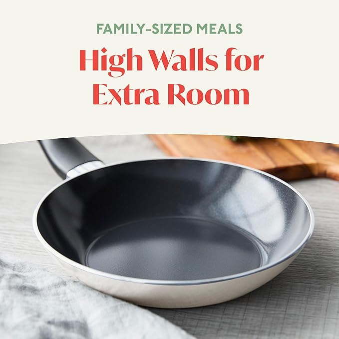 Deco 8??Nonstick Frying Pan Skillet, Made in Italy, Diamond Ceramic PFAS-Free, Dishwasher & Metal Utensil Safe, Durable Gloss Enamel Finish, Stay-Cool Handle, High Walls-Extra Room, Taupe