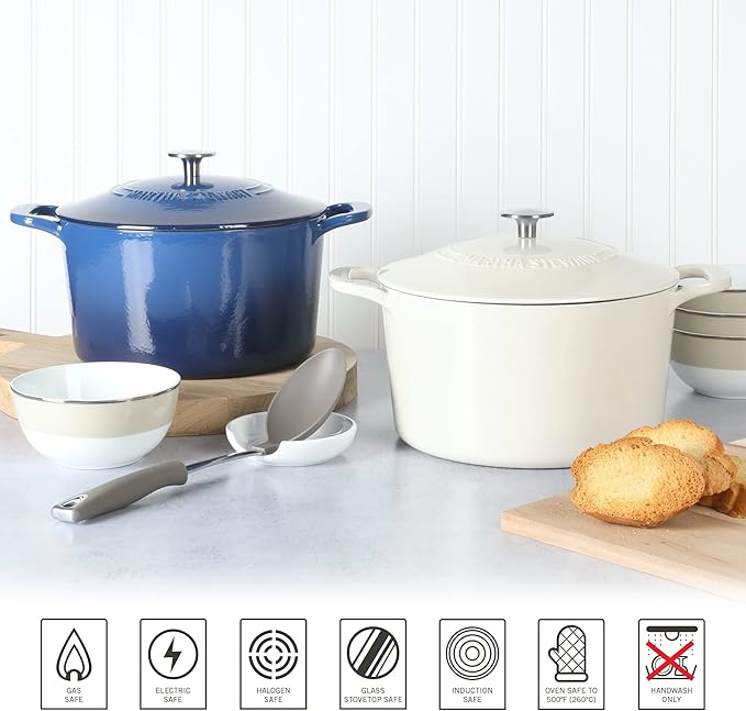MARTHA STEWART Gatwick 7-Quart Enamel Cast Iron Dutch Oven ??Linen Color with Silver Knob ??Durable Heavy-Duty Dutch Oven for Slow Cooking and Braising