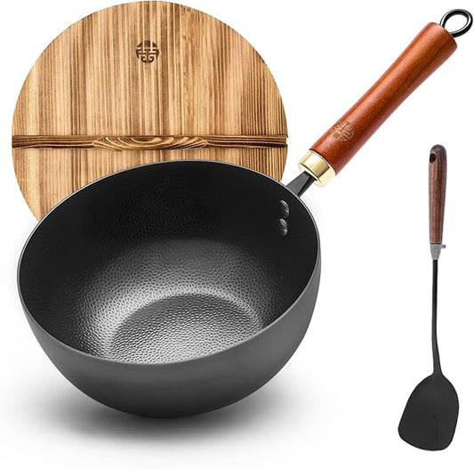 WANGYUANJI 8.7" Flat Bottom Iron Wok ??Small Stir Fry Pan with Wooden Lid, No Coating, Induction Compatible, Ideal for Everyday Cooking