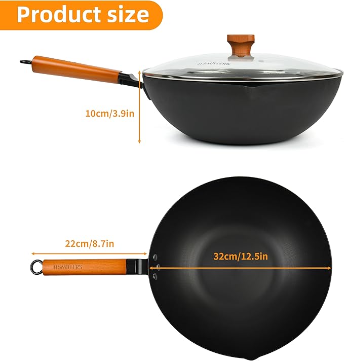 12.5-Inch Carbon Steel Wok with Lid ??Pre-Seasoned Flat Bottom Stir-Fry Pan, Nonstick Wok for Induction, Gas, Electric & All Stovetops ??Chinese Wok with Glass Lid