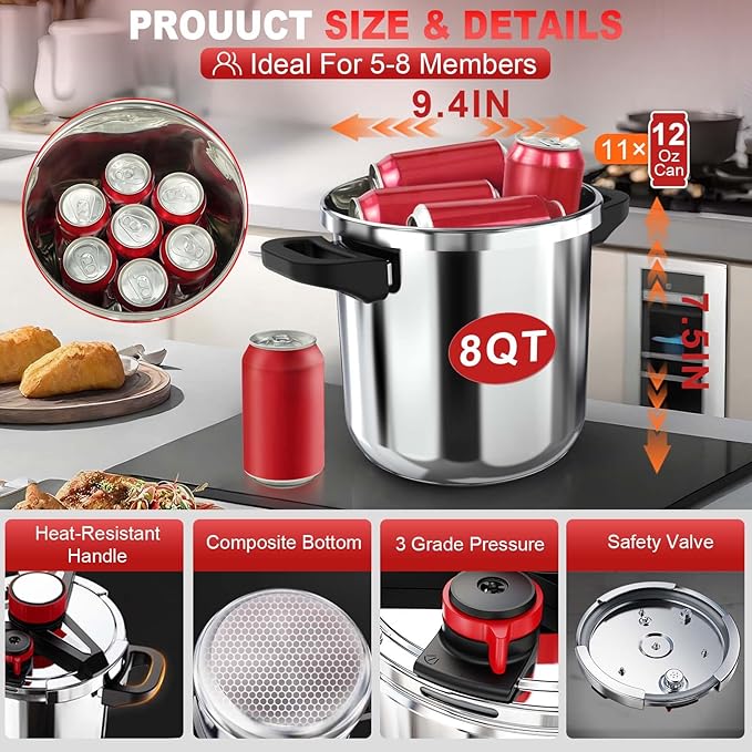 3-In-1 Stainless Steel Pressure Cooker 8 QT: [Save 70% Time] [3 PSI Settings], One-Hand Locking, Induction Compatible, Glass Lid & Steamer Rack Included, Olla de Presion