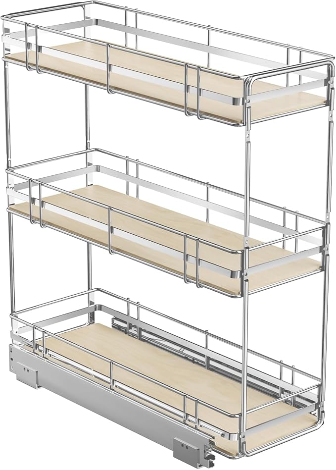 ROOMTEC 3-Tier Pull Out Cabinet Organizer Spice Rack for Narrow Cabinet 8" W x 20쩍" D, Slide Out Wood Shelves Storage for Kitchen