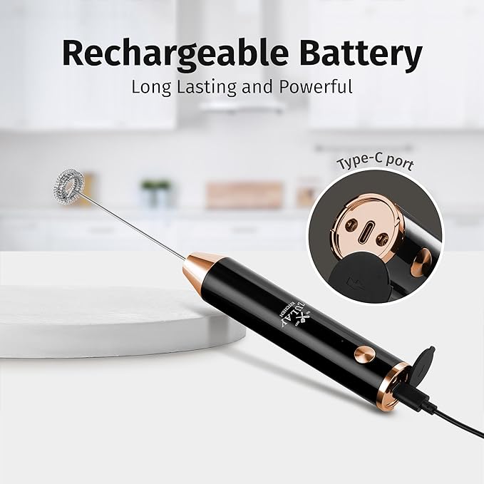 Zulay Kitchen Lux Electric Milk Frother Rechargeable Handheld - Powerful 2-Speed Motor, Waterproof, 2000mAh Battery - Drink Mixer for Latte, Cappuccino, Matcha & Protein Powder - Jet Black Copper