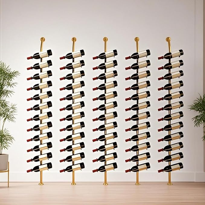 Large Wall Mount Wine Rack, H 72.8inch Wall Mounted Shelves for Bar, Holds 12 Metal Wine Storage Holder, for Commercial Restaurants Pantry Bar Wine Cellar (Gold, Five rows-60 Bottles)