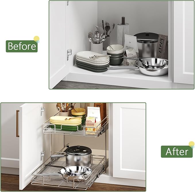 2 Tier Individual Pull Out Cabinet Organizer 22쩍" W x 21쩍" D, Heavy Duty Cabinet Pull Out Shelves, Slide Out Drawers Organization for Kitchen Cabinets Bathroom