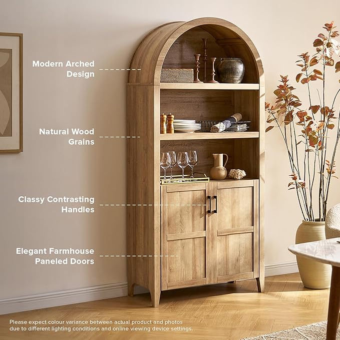 mopio Lauren 77.4" Tall Arched Cabinet, The Original 5-Tier Bookcase with Doors and Adjustable Shelves, Arch Bookshelf with Storage, Wooden Storage Cabinet for Living Room and Kitchen Pantry (Oak)
