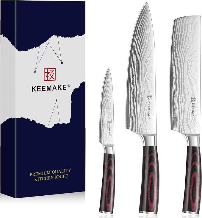 KEEMAKE Kitchen Knife Sets, 3 Pieces Professional Chef Knife Set with High Carbon Stainless Steel, Ultra Sharp Blade Kitchen Knives Sets with Ergonomic Pakkawood Handle & Gift Box