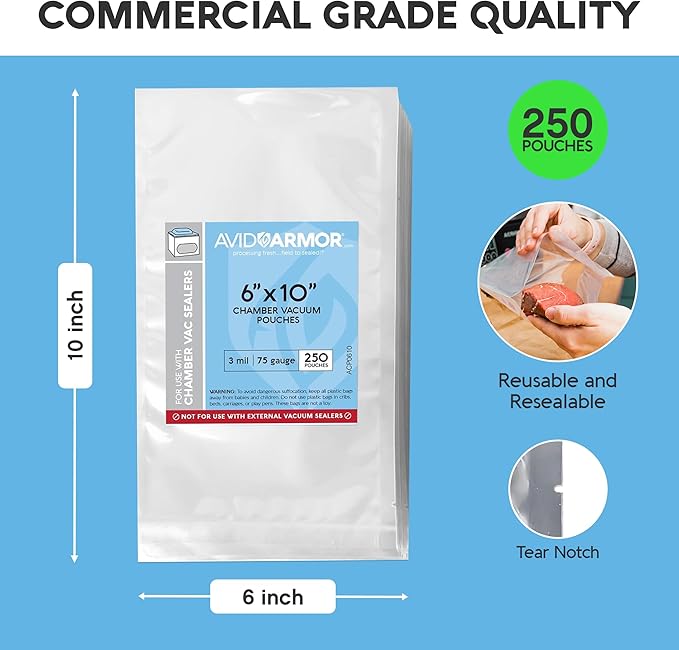 Avid Armor Chamber Vacuum Sealer Bags ??Heavy Duty, BPA-Free, Pre-Cut Chamber Vacuum Bags for Food Preservation, Freezer Storage, Sous Vide and more, 250/Pack (6x10) ??Multi-Use Vacuum Bags