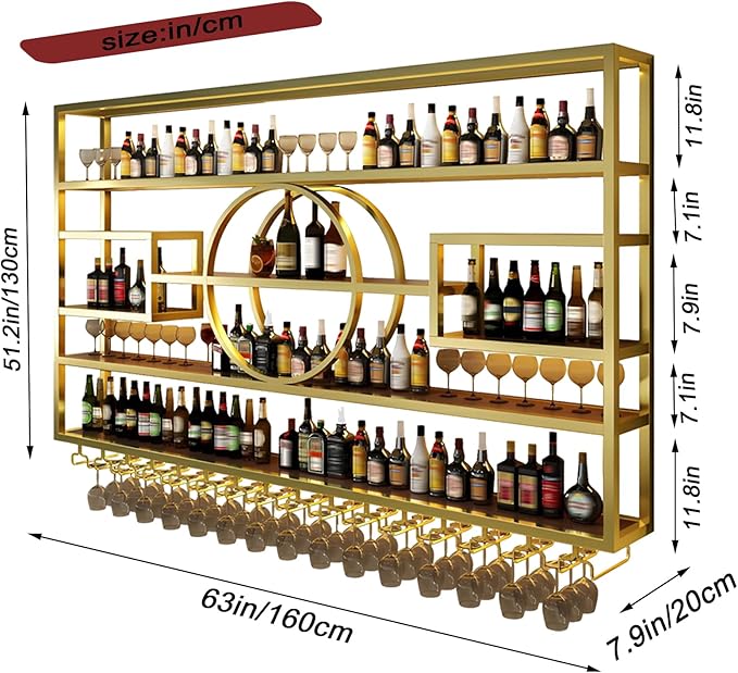 Wall Mounted Wine Rack, Modern Industrial Hanging Liquor Bottles Shelves with Wine Glass Holder, Metal Floating Wine Storage Display Shelf, for Bar, Kitchen, Wine Cellar (Gold, 160cm/63in)