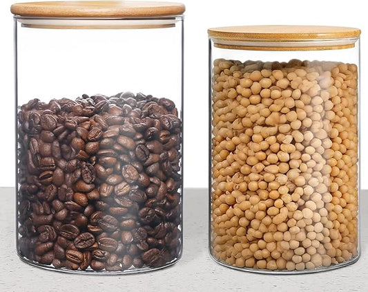 33+17 oz Glass Food Storage Jars with Airtight Lids, Clear Glass Jar with Bamboo Lid, Airtight Food Canister for Tea, Candy, Coffee, Sugar, Cookie, Snack. (Round | 5+6 Inch)