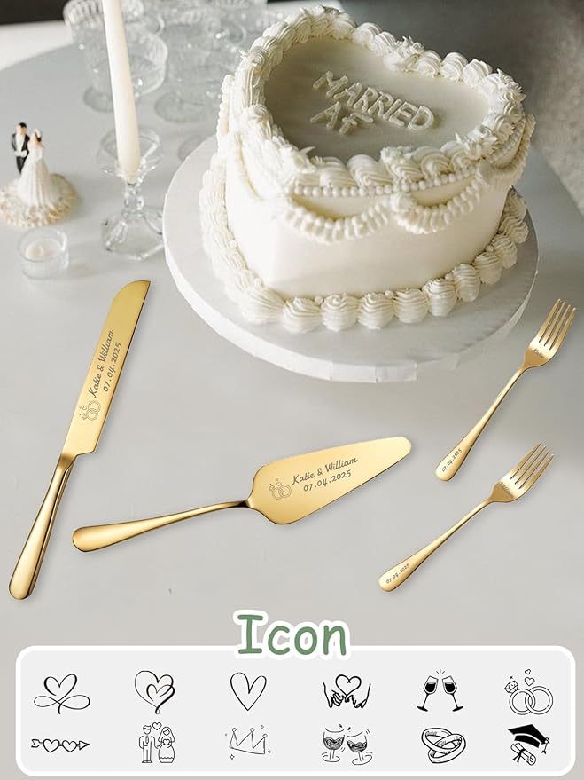 HJX Personalized Cake Knife and Server Set for Wedding - Engraved Stainless Steel Cake Cutting Set, Custom Elegant Cake Cutter Gift for Anniversary Birthday (05-Gift Box Gold)