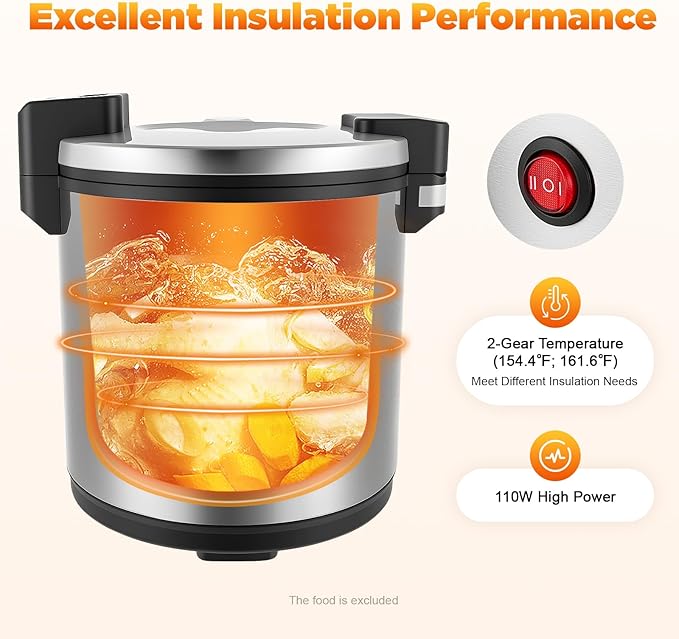 Commercial Rice Warmer, 23L/24.3Qt Electric Food Warmer, 110W Electric Soup Warmers with Adjustable Temperature and Non-Stick Inner Pot for Restaurant Party, Warm Function Only, NOT Cooker