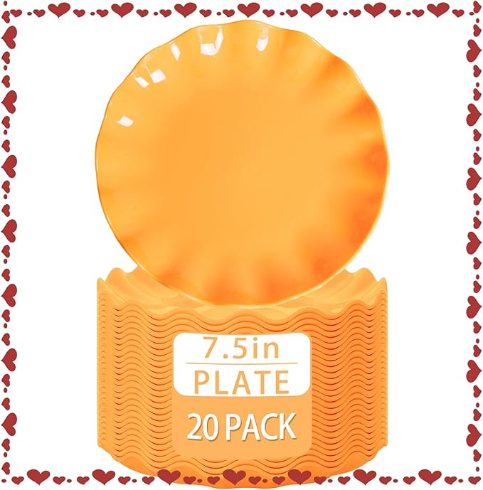 LIYH 20 Pcs 7.5 Inch Orange Plastic Plates Reusable - Unbreakable Dessert Scalloped Plates-Dishwasher Safe for Halloween & Thanksgiving Party BPA Free