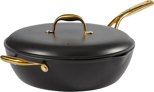 Frok 13" Frying Pan Wok Skillet 4MM Thick Quick Heat Aluminum Cookware w/Aluminum Lid Premium PFA Free Ceramic Nonstick Interior & Heat Resistant Exterior - Induction - Black & Gold
