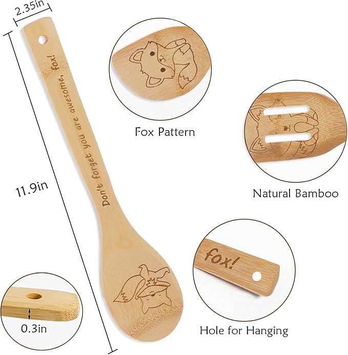 5PCS Fox Wooden Cooking Spoons Kitchen Decor Fox Gifts for Women Men Fox Lovers Birthday Gifts Party Favors Housewarming Wedding Bamboo Cooking Spoons for Everyday Use