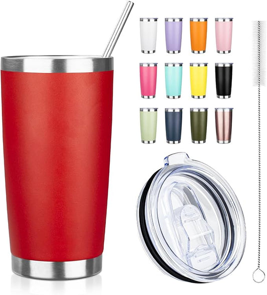 ATIKZHE 20oz Tumbler with Straw and Brush, Stainless Steel Vacuum Insulated tumbler, Double Wall Insulated Coffee Tumbler for Outdoor, Home, Travel,Office (Bright Red,1pcs)