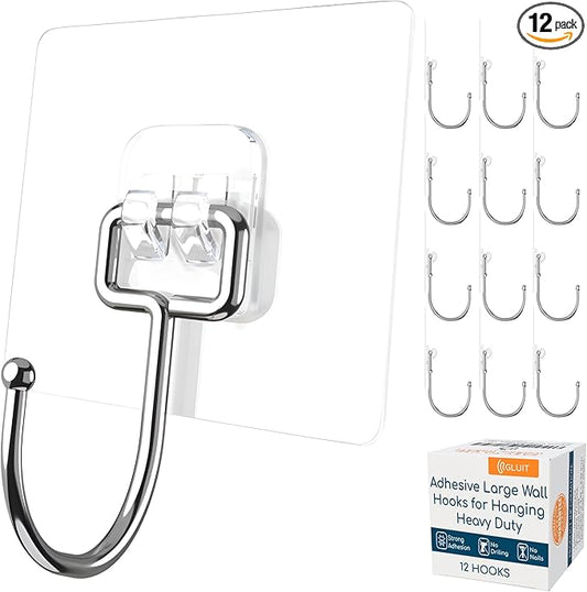 GLUIT Adhesive Large Wall Hooks for Hanging Heavy Duty 22 lbs Hooks for Walls No Damage, Towel Sticky Clear Hooks, Waterproof, Home, Bathroom, Kitchen, Office, and Outdoor 12 Pack