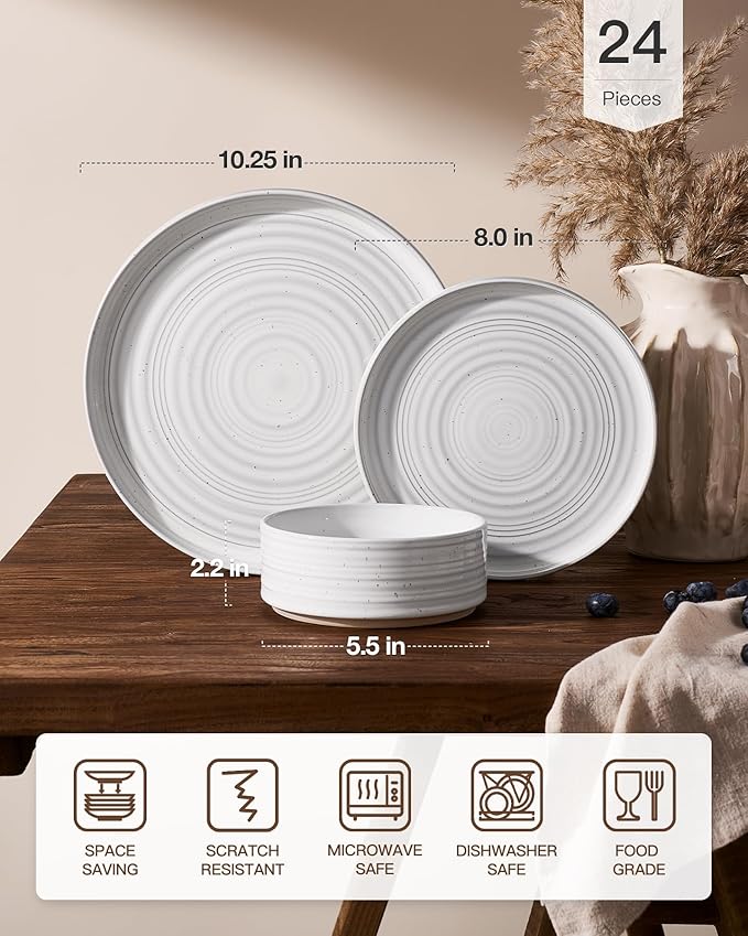 Stoneware Dinnerware Dishes Set for 8, 24 Pieces Spiral Plates and Bowls Sets with Straight Rim, Speckles & Reactive Glaze - Microwave and Dishwasher Safe, White