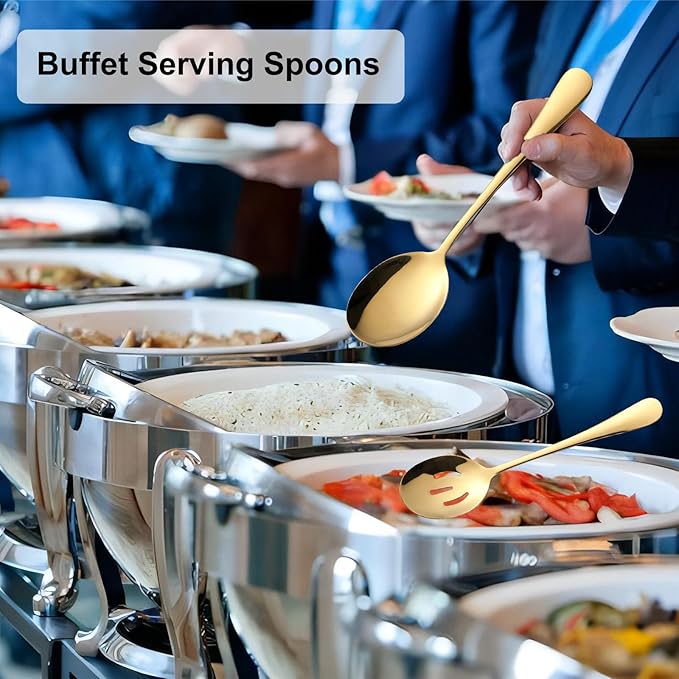 12-Piece Serving Set, 6 Serve Spoon & 6 Slotted Spoon, 8.7-Inch Stainless Steel Banquet Spoons, Large Utensils for Kitchen, Gold