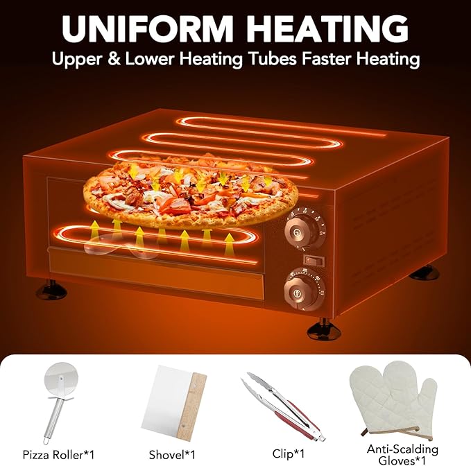 12 Inch Electric Countertop Pizza Oven, 1100w Stainless Steel Commercial Pizza Maker with Viewing Window & Timer for Fast Baking, Indoor Use for Restaurant, Home, Kitchen, Catering & Mall Kiosk