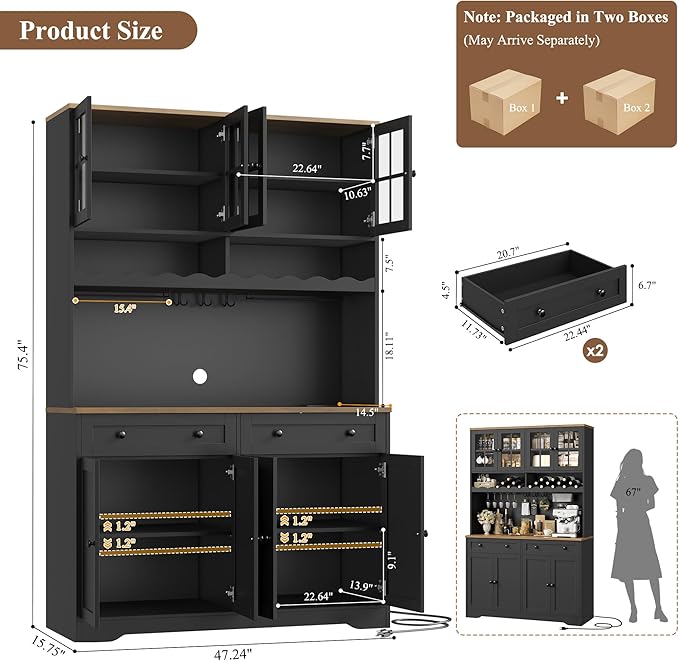 HOSTACK 75.4" Tall Kitchen Pantry Cabinet with Charging Station, Modern White Kitchen Hutch with Microwave Stand and Wine Rack, Large Food Pantry Storage Cabinet with Glass Doors and Drawers, Black
