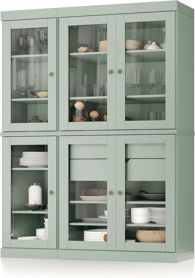 Palace Imports 100% Solid Wood 48.5" Pantry China Cabinet with Clear Glass Doors, 2-Drawers and Adjustable Shelves (Sage)