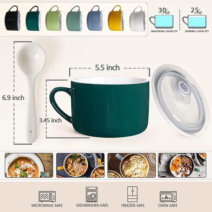 Soup Bowls with Handles & Spoons, 30oz Ceramic Ramen Bowl with Lid, Large Soup Mugs/Cups for Instant Noodle, Big Cereal Bowls for Oatmeal, Soup Containers with Lids, Set of 2, Dark Green