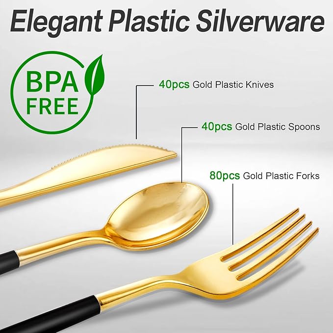SUT Gold Plastic Silverware (160Pcs) Forks and Spoons Disposable, 80 Gold Plastic Forks, 40 Gold Knives, 40 Gold Spoons, Black and Gold Utensils Set Disposable for Parties, Weddings