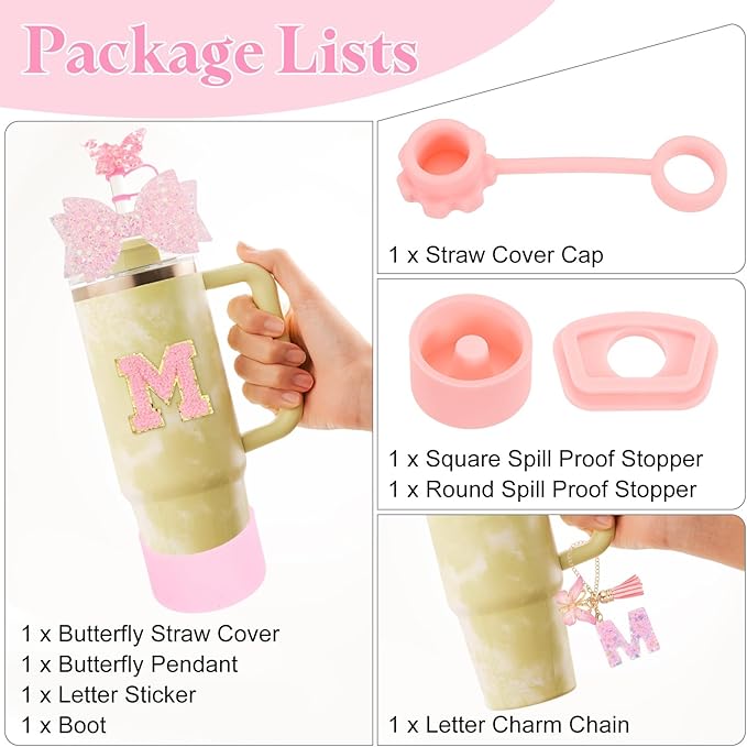 uxcell 8Pcs Cup Accessories Set for Cup Tumbler with Handle, Including Silicone Straw Cover, Boot, Spill Proof Stopper, Handle Charm, Initials Sticker(Letter M, Pink)
