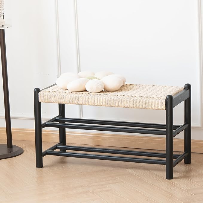 XINNAN Solid Wood Entryway Bench with Shoe Storage, Rustic Oak Wood and Woven Design 31.5 Inch Long Seating for Living and Dining Rooms, 3-Tier Black