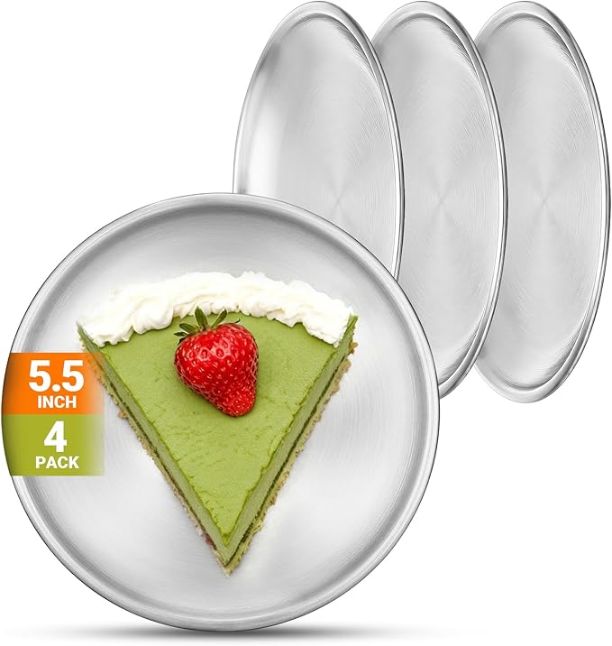 Stainless Steel Plates, 4 Pack 5.5 inch Mini 201 Metal Food Serving Plate Set, Reusable Snack Eating Dishes Round Shatterproof Silver Brushed Finish Dishes for BBQ Dinner Oven Dishwasher Safe