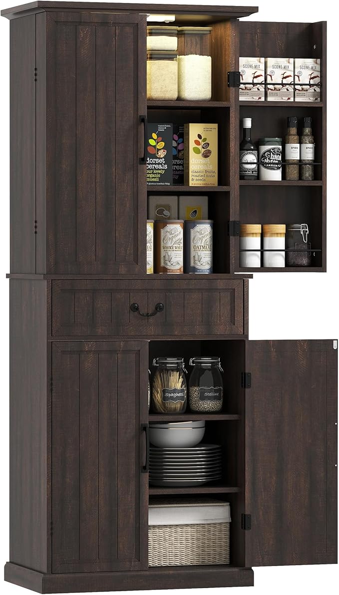 HOMCOM 71" LED Kitchen Pantry Cabinet, Farmhouse Tall Freestanding Storage Cabinet with Door Shelves, Adjustable Shelves and Drawer for Kitchen and Dining Room, Distressed Brown