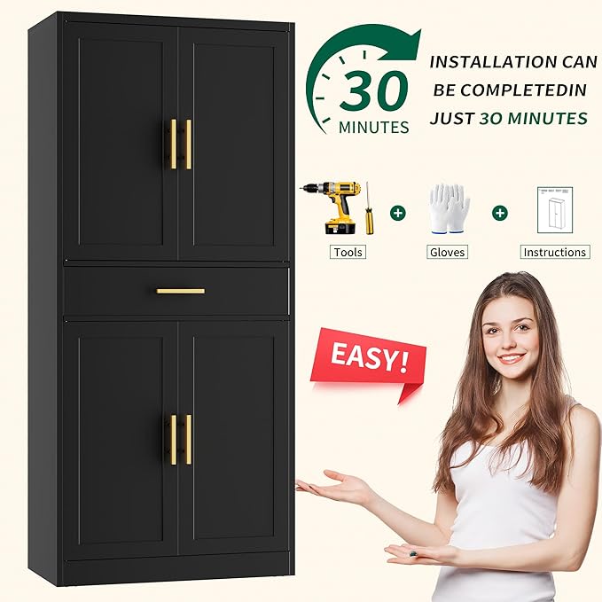 CJF 71" H Metal Kitchen Pantry Storage Cabinet, Freestanding Cupboard with Adjustable Shelves and 1 Drawer, Standing Storage for Kitchen, Bathroom, Garage, Dinning Room or Utility Room（Black）