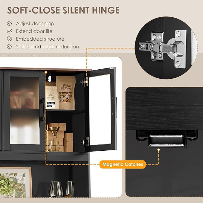 71" Tall Kitchen Pantry Cabinet, Kitchen Hutch with Microwave Stand, Glass Doors, Food Pantry Cabinet with Doors and Shelves for Dining Room, Black