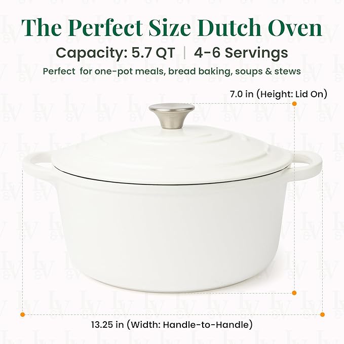 Larder & Vine Enameled Cast Iron 5.7qt Dutch Oven Pot with Lid | Bread Baking | Compatible on All Cooktops & Oven Safe to 500째 F | Great for Sourdough Bread | White