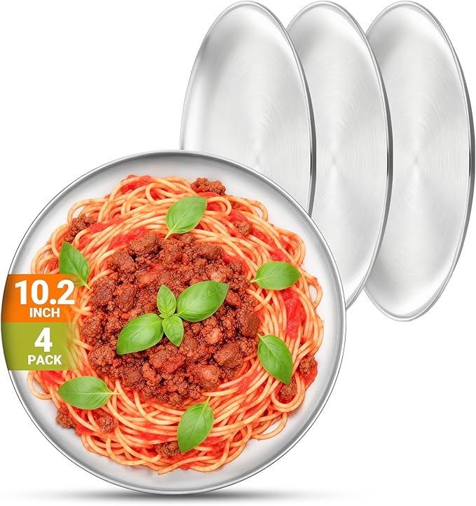 Metal Dinner Plate, 4 Pack 10.2 inch Large 201 Stainless Steel Plates, Reusable Lunch Salad Pizza Food Serving Snack Eating Dishes Round Brushed Finish Silver Sturdy Dish Oven Dishwasher Safe