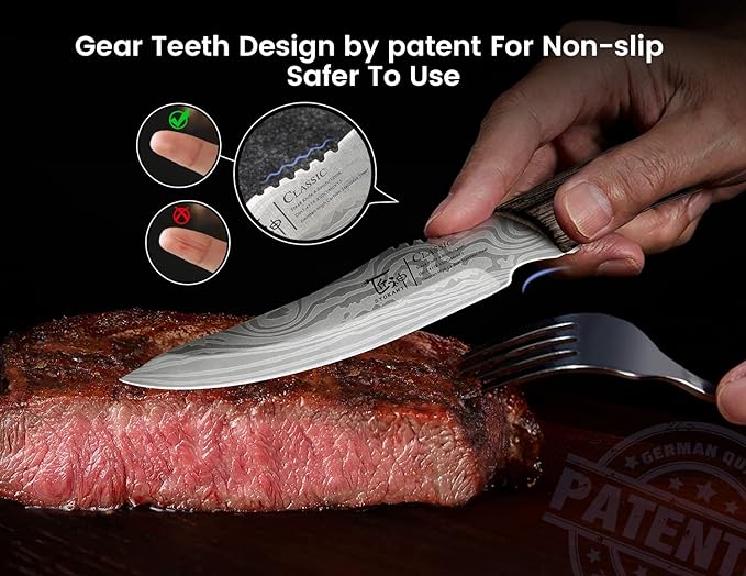 Steak Knives Set of 4, 4.8 Inch Quality Japanese Style Smooth Edge Meat Knife with Wood Handle, Damascus Pattern Full Tang Design, Ultra Sharp Dinner Knives with Exquisite Box, Kitchen Gifts