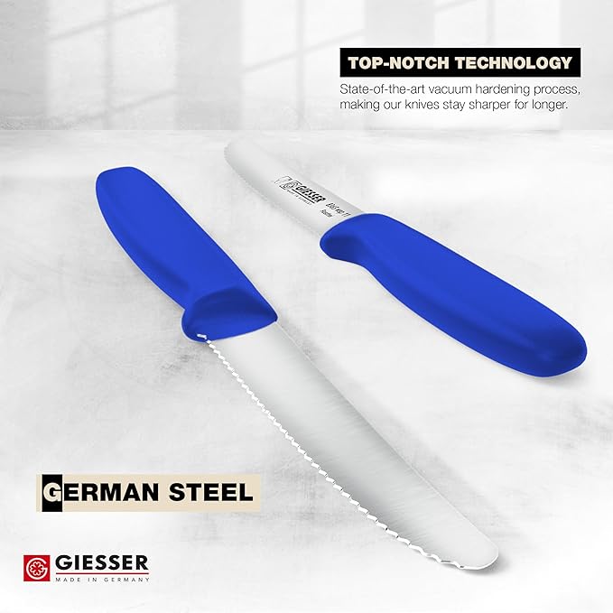Giesser since 1776, Made in Germany, Serrated kitchen knives round tip dishwasher safe 4.5 inch - Tomato knife, Steak knive set of 6 (Blue)