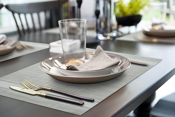 More D챕cor Dining Table Placemats, Washable Heat-Resistant PVC Vinyl Table Mats for Dining Room and Kitchen, Anti-Slip - Set of 4 - Vertical Striped White - Grey