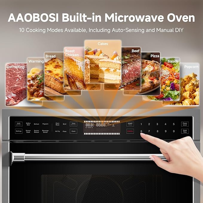 AAOBOSI 24 Inch Built in Microwave Oven,1.6 Cu.Ft Wall Microwave Convection Ovens Air Fryer Combos, 1000Watt Power Sensor&Auto Cook, 10 Cooking Modes, Drop Down Door,Stainless Steel