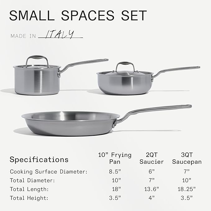 Made In Cookware - 5 Pc Stainless Steel Cookware Set - 5 Ply Clad - Includes Stainless Steel Frying Pan, Saucepan and Saucier with Lid - Professional Cookware - Crafted in Italy