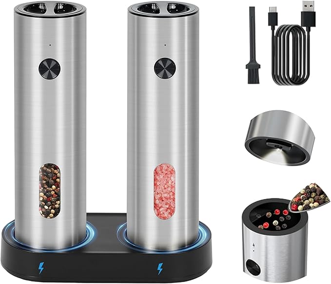 Electric Salt and Pepper Grinder Set,Rechargeable,Adjustable Coarseness,LED Light with Dual Charging Base,110ml Upgraded Large Capacity,Top-Refill,Stainless Steel Automatic Pepper Shakers