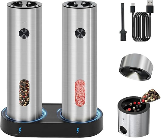 Electric Salt and Pepper Grinder Set,Rechargeable,Adjustable Coarseness,LED Light with Dual Charging Base,110ml Upgraded Large Capacity,Top-Refill,Stainless Steel Automatic Pepper Shakers