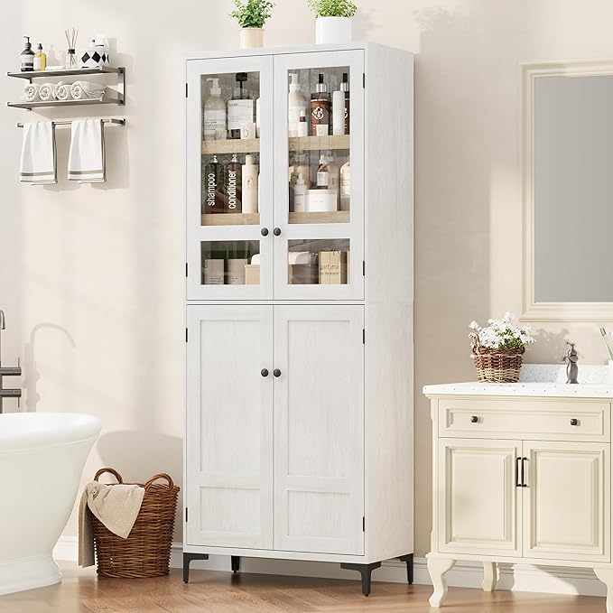 IDEALHOUSE Tall Storage Cabinet with Glass Doors, 71" Height, Adjustable Shelf, Light Oak Wood, Multi-Purpose Organizer for Kitchen Pantry and Bathroom (Oak White, 4 Doors with Glass)