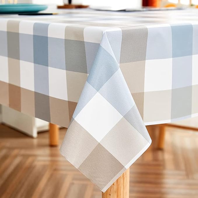 LOHASCASA Vinyl Oilcloth Tablecloth Rectangle Wipeable Peva Waterproof PVC Heavy Duty Stainproof Spillproof Large Tablecloth Farm Thanksgiving Banquet BBQ - Blue Grey Tan Plaid 9 ft 54 x 108 Inch