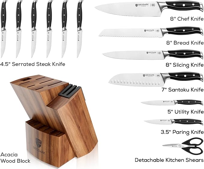 BRODARK Kitchen Knife Set: Full Tang 15 Pcs Professional Chef Knife Set with Sharpener, Razor-sharp Knives Set for Kitchen, German Stainless Steel Knife Block Set, Steel-king Series for Christmas Gift