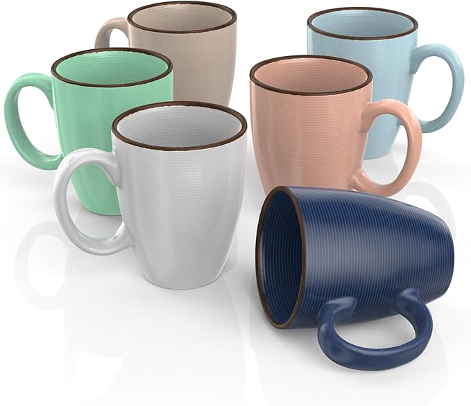 Francois et Mimi Set of 6 12oz Designer Ribbed Style Colorful Ceramic Coffee Mugs, Coffee Cups Gift Set for Coffee, Tea, Cocoa and More. Dishwasher and Microwave Safe.